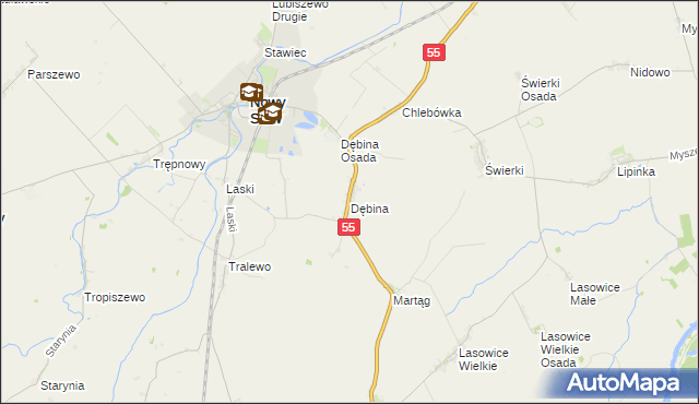 mapa Dębina gmina Nowy Staw, Dębina gmina Nowy Staw na mapie Targeo