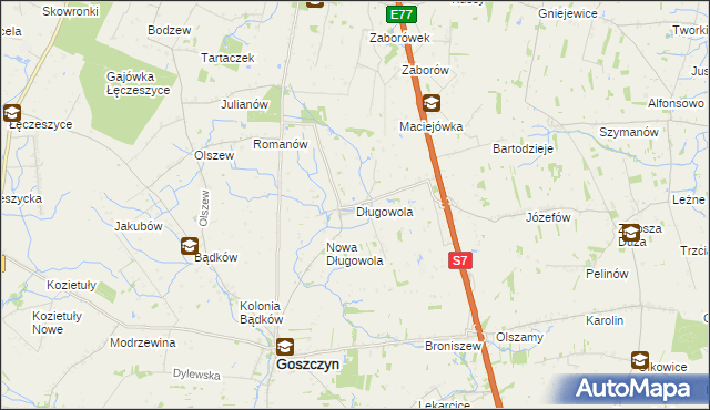 mapa Długowola gmina Goszczyn, Długowola gmina Goszczyn na mapie Targeo