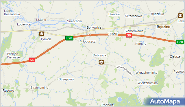 mapa Dobrzyca gmina Będzino, Dobrzyca gmina Będzino na mapie Targeo