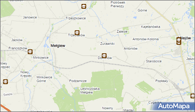 mapa Dominów gmina Mełgiew, Dominów gmina Mełgiew na mapie Targeo