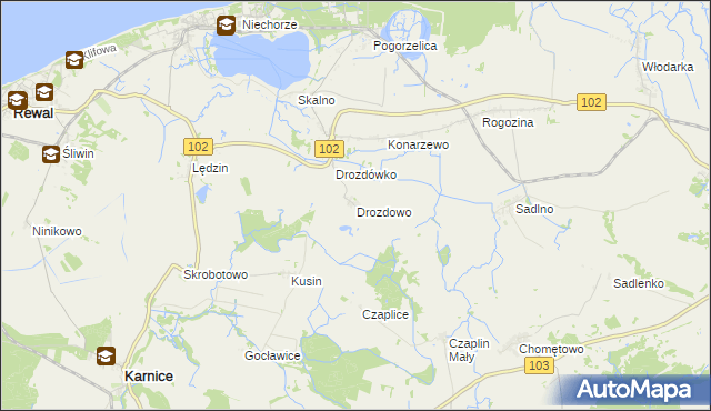 mapa Drozdowo gmina Karnice, Drozdowo gmina Karnice na mapie Targeo