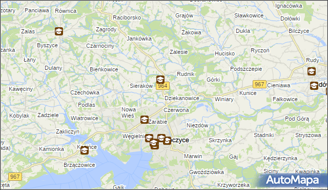 mapa Dziekanowice gmina Dobczyce, Dziekanowice gmina Dobczyce na mapie Targeo