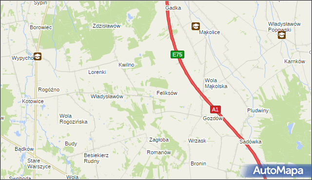 mapa Feliksów gmina Głowno, Feliksów gmina Głowno na mapie Targeo
