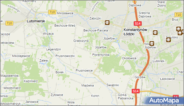 mapa Florentynów gmina Lutomiersk, Florentynów gmina Lutomiersk na mapie Targeo