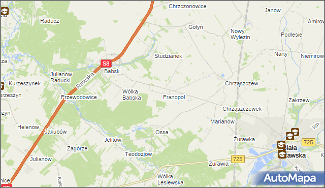 mapa Franopol gmina Biała Rawska, Franopol gmina Biała Rawska na mapie Targeo
