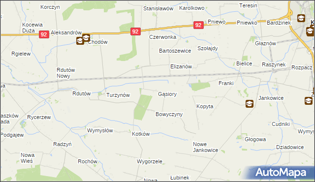 mapa Gąsiory gmina Chodów, Gąsiory gmina Chodów na mapie Targeo