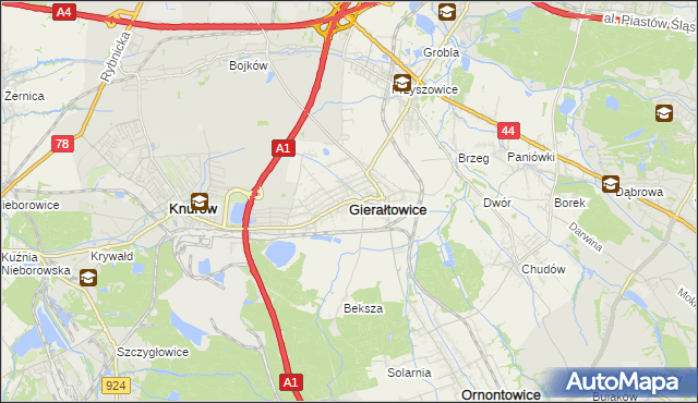 mapa Gierałtowice powiat gliwicki, Gierałtowice powiat gliwicki na mapie Targeo