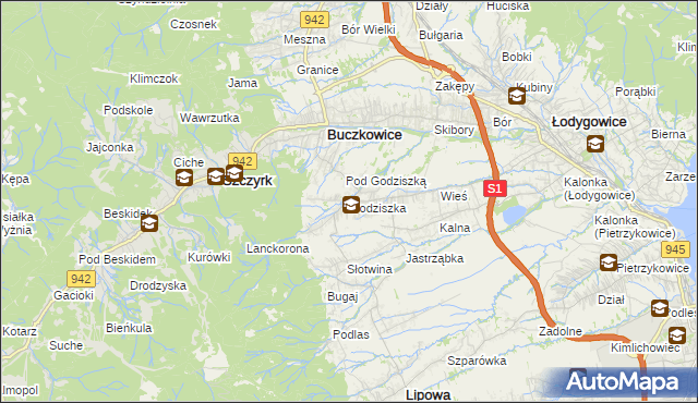 mapa Godziszka gmina Buczkowice, Godziszka gmina Buczkowice na mapie Targeo