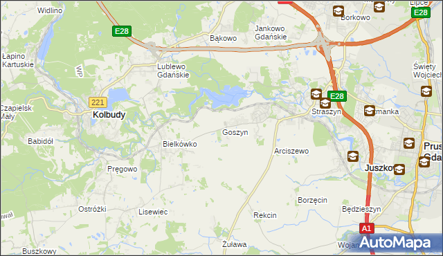 mapa Goszyn gmina Pruszcz Gdański, Goszyn gmina Pruszcz Gdański na mapie Targeo