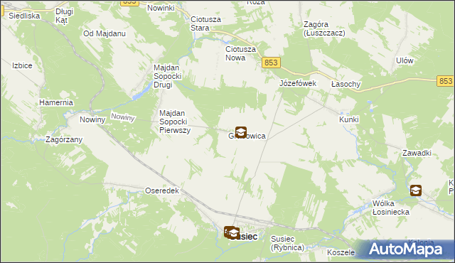 mapa Grabowica gmina Susiec, Grabowica gmina Susiec na mapie Targeo