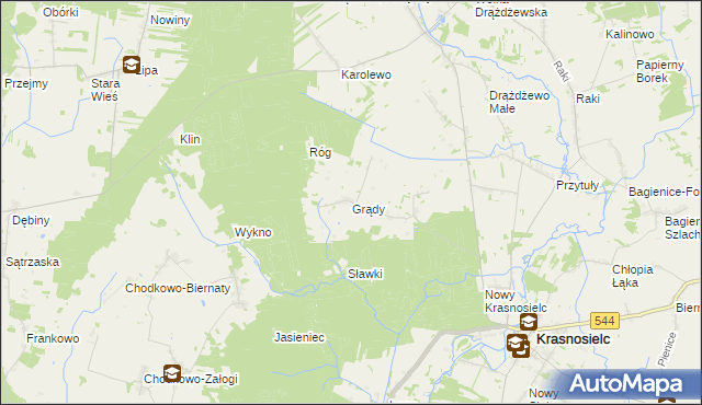 mapa Grądy gmina Krasnosielc, Grądy gmina Krasnosielc na mapie Targeo