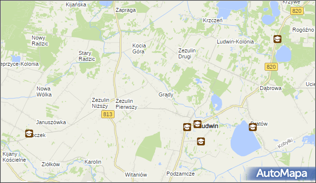 mapa Grądy gmina Ludwin, Grądy gmina Ludwin na mapie Targeo