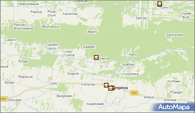 mapa Granica gmina Kampinos, Granica gmina Kampinos na mapie Targeo