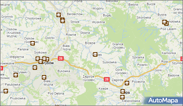 mapa Gródek gmina Grybów, Gródek gmina Grybów na mapie Targeo