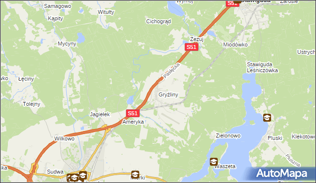mapa Gryźliny gmina Stawiguda, Gryźliny gmina Stawiguda na mapie Targeo