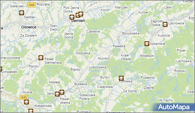 mapa Hucisko gmina Stryszawa, Hucisko gmina Stryszawa na mapie Targeo