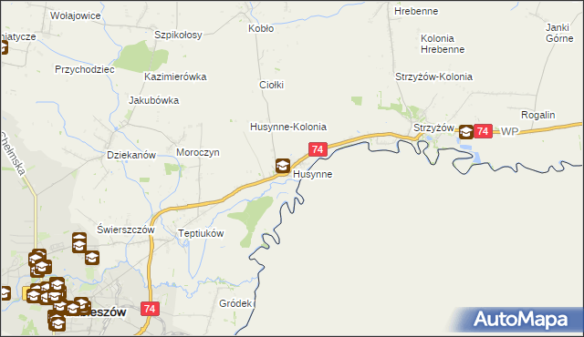 mapa Husynne gmina Hrubieszów, Husynne gmina Hrubieszów na mapie Targeo