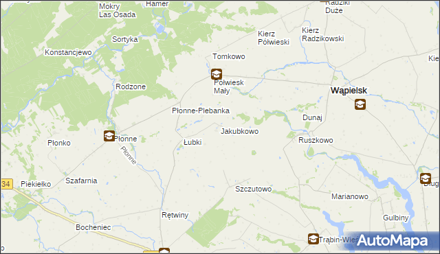 mapa Jakubkowo gmina Radomin, Jakubkowo gmina Radomin na mapie Targeo