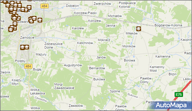 mapa Janów gmina Bełchatów, Janów gmina Bełchatów na mapie Targeo