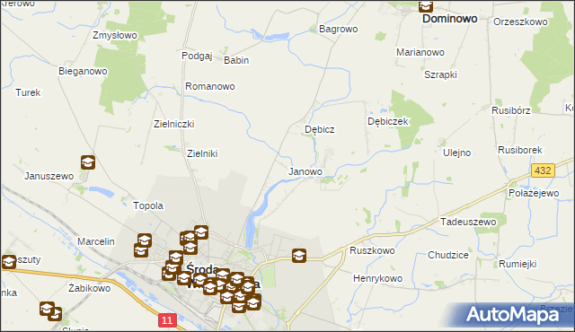 mapa Janowo gmina Środa Wielkopolska, Janowo gmina Środa Wielkopolska na mapie Targeo