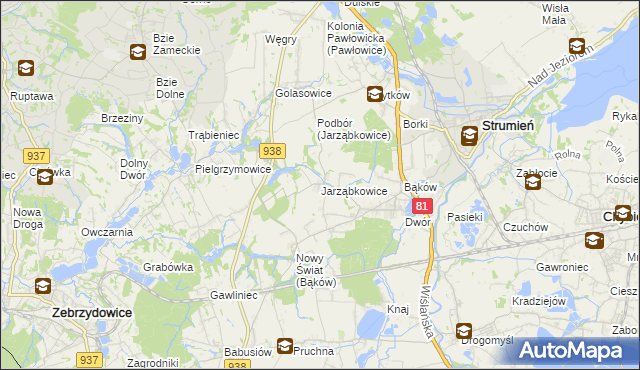 mapa Jarząbkowice gmina Pawłowice, Jarząbkowice gmina Pawłowice na mapie Targeo