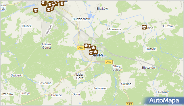 mapa Jasień powiat żarski, Jasień powiat żarski na mapie Targeo