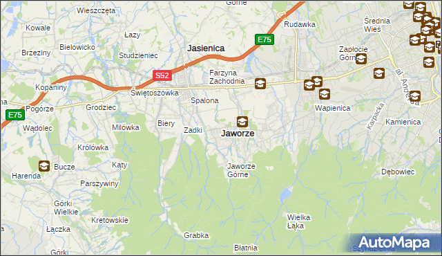 mapa Jaworze powiat bielski, Jaworze powiat bielski na mapie Targeo