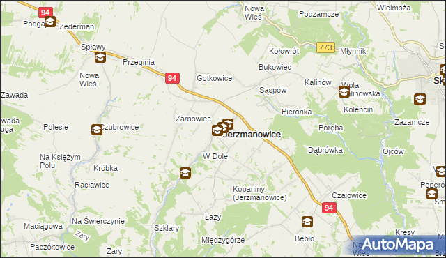 mapa Jerzmanowice gmina Jerzmanowice-Przeginia, Jerzmanowice gmina Jerzmanowice-Przeginia na mapie Targeo