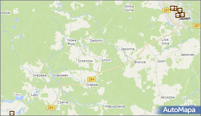 mapa Jurzyn gmina Jasień, Jurzyn gmina Jasień na mapie Targeo