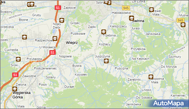 mapa Juszczyna, Juszczyna na mapie Targeo