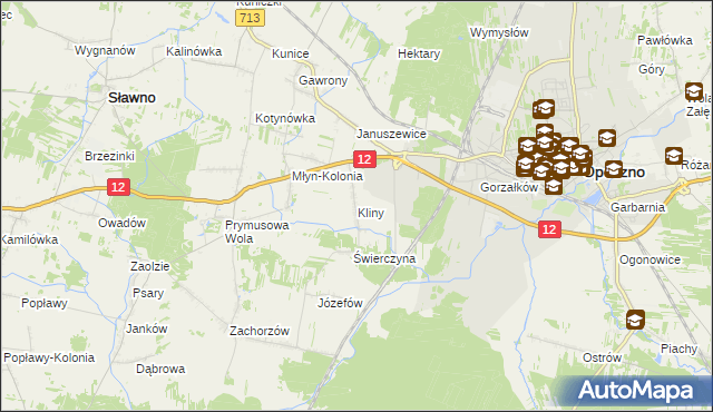 mapa Kliny gmina Opoczno, Kliny gmina Opoczno na mapie Targeo