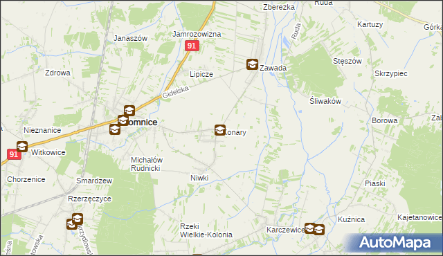 mapa Konary gmina Kłomnice, Konary gmina Kłomnice na mapie Targeo