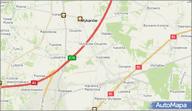 mapa Kościelec gmina Rędziny, Kościelec gmina Rędziny na mapie Targeo