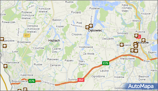 mapa Kostkowice gmina Dębowiec, Kostkowice gmina Dębowiec na mapie Targeo
