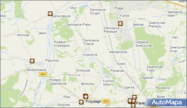 mapa Kostrzyna gmina Panki, Kostrzyna gmina Panki na mapie Targeo