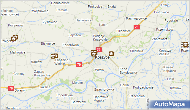 mapa Koszyce powiat proszowicki, Koszyce powiat proszowicki na mapie Targeo