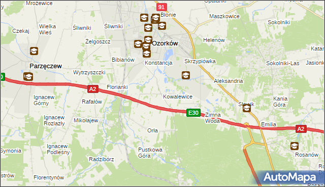 mapa Kowalewice gmina Parzęczew, Kowalewice gmina Parzęczew na mapie Targeo