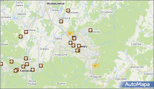 mapa Kowary powiat jeleniogórski, Kowary powiat jeleniogórski na mapie Targeo
