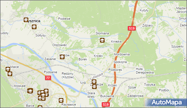 mapa Krzaki gmina Pysznica, Krzaki gmina Pysznica na mapie Targeo