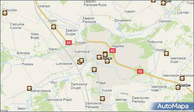 mapa Krzepice powiat kłobucki, Krzepice powiat kłobucki na mapie Targeo