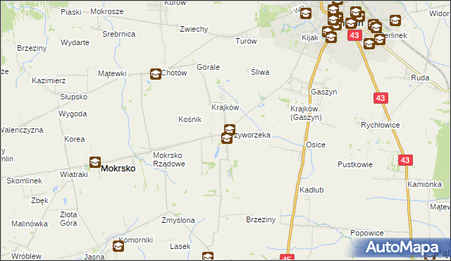 mapa Krzyworzeka gmina Mokrsko, Krzyworzeka gmina Mokrsko na mapie Targeo