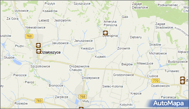 mapa Kujawki gmina Działoszyce, Kujawki gmina Działoszyce na mapie Targeo