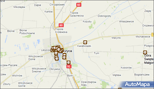 mapa Kwiatkówek gmina Góra Świętej Małgorzaty, Kwiatkówek gmina Góra Świętej Małgorzaty na mapie Targeo