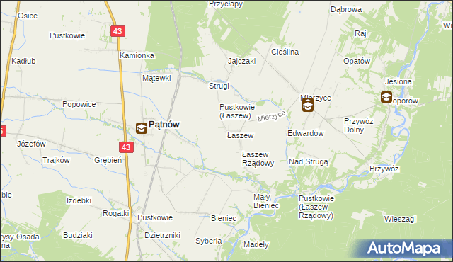 mapa Łaszew gmina Wierzchlas, Łaszew gmina Wierzchlas na mapie Targeo