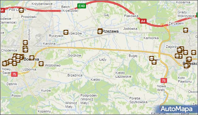 mapa Łazy gmina Rzezawa, Łazy gmina Rzezawa na mapie Targeo