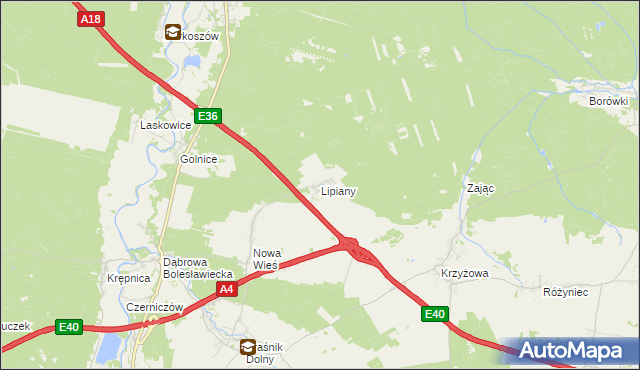 mapa Lipiany gmina Bolesławiec, Lipiany gmina Bolesławiec na mapie Targeo