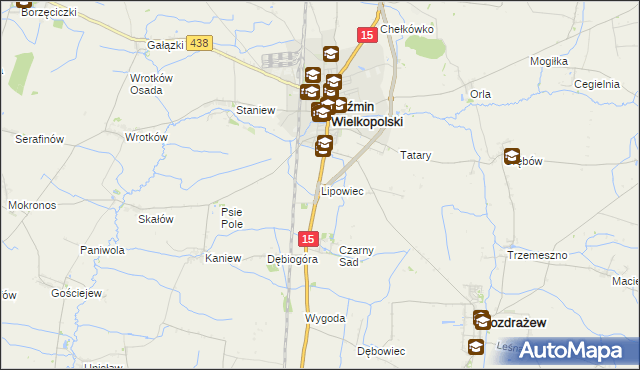 mapa Lipowiec gmina Koźmin Wielkopolski, Lipowiec gmina Koźmin Wielkopolski na mapie Targeo