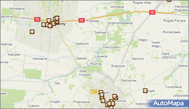 mapa Lisowice gmina Koluszki, Lisowice gmina Koluszki na mapie Targeo