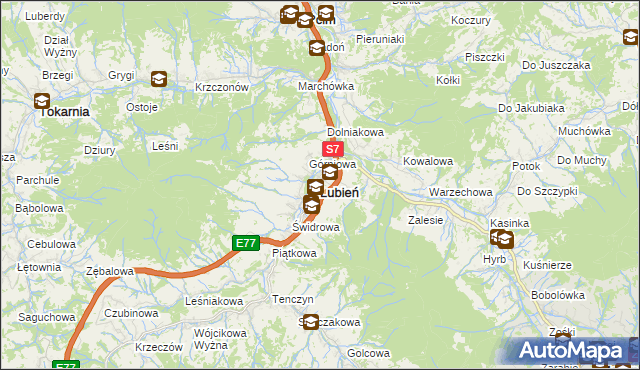 mapa Lubień powiat myślenicki, Lubień powiat myślenicki na mapie Targeo