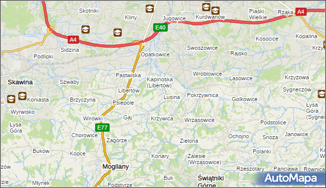 mapa Lusina gmina Mogilany, Lusina gmina Mogilany na mapie Targeo